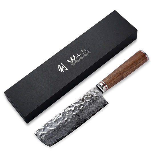 Wakoli Walnut Premium Nakiri Knife with 22.5 cm blade made of 67 layers of genuine Damascus steel with walnut wood handle I Damascus knife kitchen knife and professional chef knife