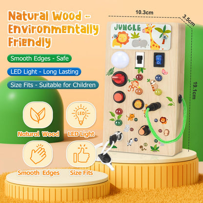 Arizona Busy Board for 1 year old and up, Montessori toy with LED lights, wooden activity board for boys and girls 1-4 years, perfect gifts for birthdays, Children's Day, and Christmas (Jungle theme).