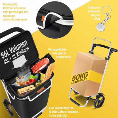 KESSER® Folding shopping trolley with 56L capacity and loadable up to 50kg | 3in1 trolley hand truck & shoulder bag | Foldable shopping cart including cooler compartment & shopping chip | Stair climber black