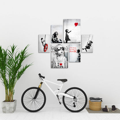 Novart Wall Art Set Banksy Collage Street Art Gray - NO EXTRA FRAME NEEDED - Modern Decor - Living Room Office Loft N003163a