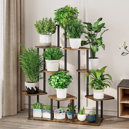 YOCOMEY 9-Tier Wooden Flower Rack Plant Stand, Multi-layered Flower Shelf Plant Holder Flower Bench Flower Stair Plant Stand for Indoor Garden Balcony Decoration (Black)