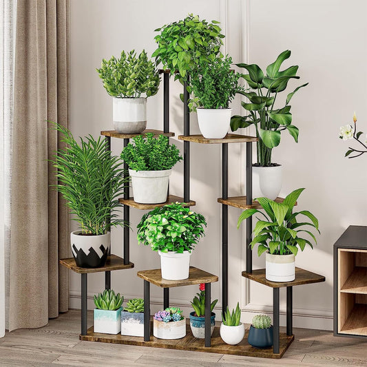 YOCOMEY 9-Tier Wooden Flower Rack Plant Stand, Multi-layered Flower Shelf Plant Holder Flower Bench Flower Stair Plant Stand for Indoor Garden Balcony Decoration (Black)