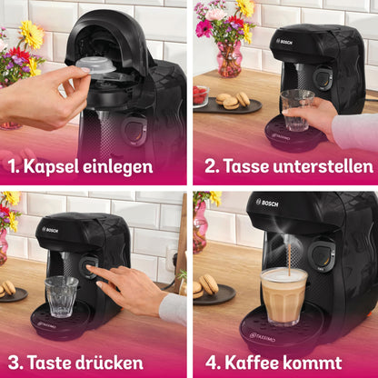 Bosch Tassimo happy friendly capsule machine TAS102EA, over 70 drinks, suitable for all cup sizes, auto-off function, sustainable, includes descaling tablets, compact design, 1400 W, black