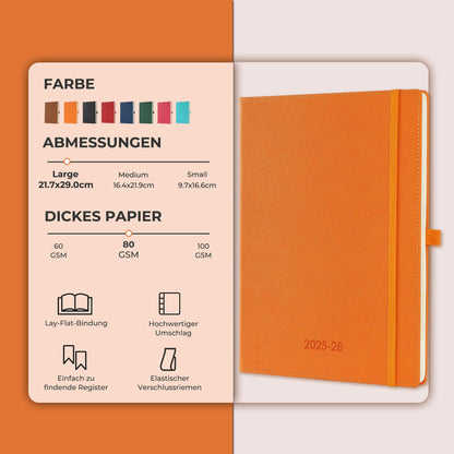 IN-LUXPRO Calendar 2025 2026 Weekly Planner, 18-Month Book Calendar (Jul.2025-Dec.2026) Monthly Calendar with Expense & Note Pages A4 (29 x 21.7 cm), with Vegan Leather & Note Pages, Orange Color.