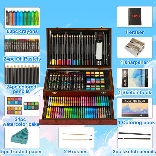 KINSPORY Premium Art Set 146-Piece Deluxe Painting Kit for Kids Beginners Great colored pencil set, watercolors, oil pastels, drawing pens, pencils as drawing set gift for kids