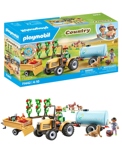 PLAYMOBIL Country 71442 Tractor with Trailer and Water Tank, fresh harvest on the farm, playful learning about the environment, sustainable toy for children ages 4 and up.