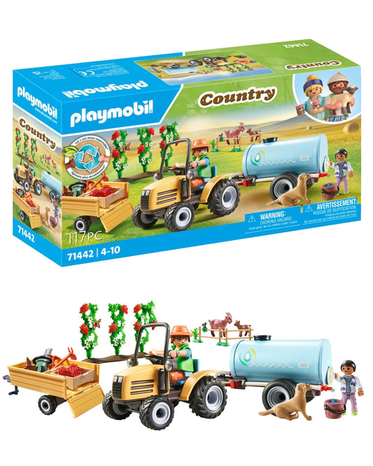 PLAYMOBIL Country 71442 Tractor with Trailer and Water Tank, fresh harvest on the farm, playful learning about the environment, sustainable toy for children ages 4 and up.