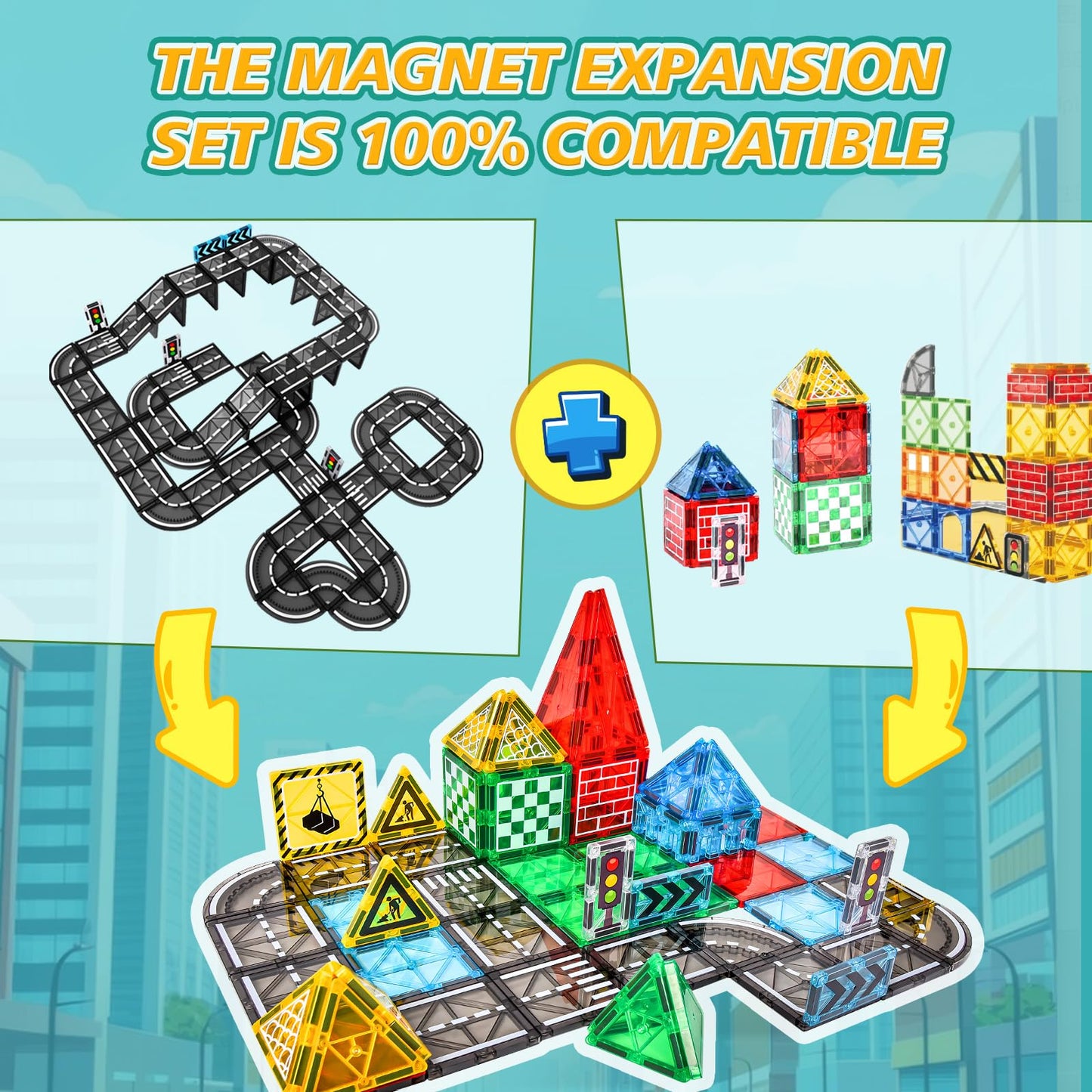 BuzzoXerex Magnetic Building Blocks Road Set, 70PCS Magnetic Tiles City Streets, Magnetic Blocks Road Extension Set Learning Activities Gift for 3 4 5 year olds