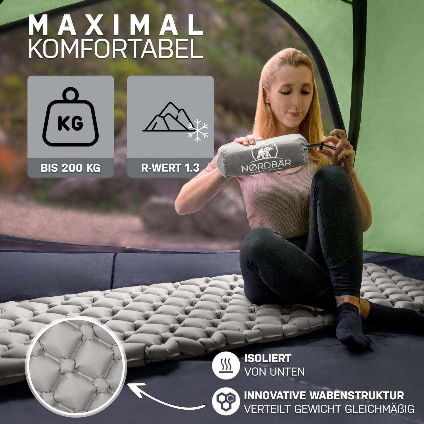 NORDBÄR® Camping inflatable sleeping mat & Ultralight [with or without pillow]| Iso air mattress small pack size for camping, outdoor & trekking| Camping pad, sleeping pad, travel mattress