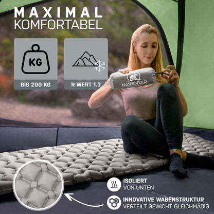NORDBÄR® Camping inflatable sleeping mat & Ultralight [with or without pillow]| Iso air mattress small pack size for camping, outdoor & trekking| Camping pad, sleeping pad, travel mattress