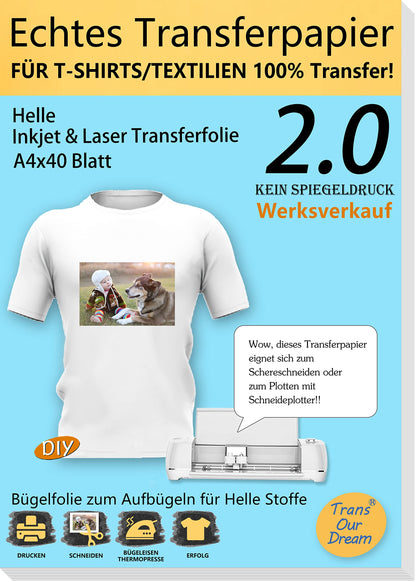 TransOurDream 40 sheets A4+4 A3 silicone paper, REAL inkjet/laser transfer film, transfer paper, textile film for inkjet printers, laser printers, printable iron-on film for light T-shirts, transfer paper