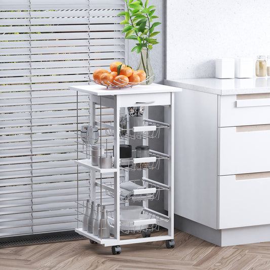 HOMCOM kitchen cart, 5-tier serving cart with countertop, rolling cart, kitchen shelf with wheels, drawer, and metal baskets, pine wood white 47 x 37 x 83 cm