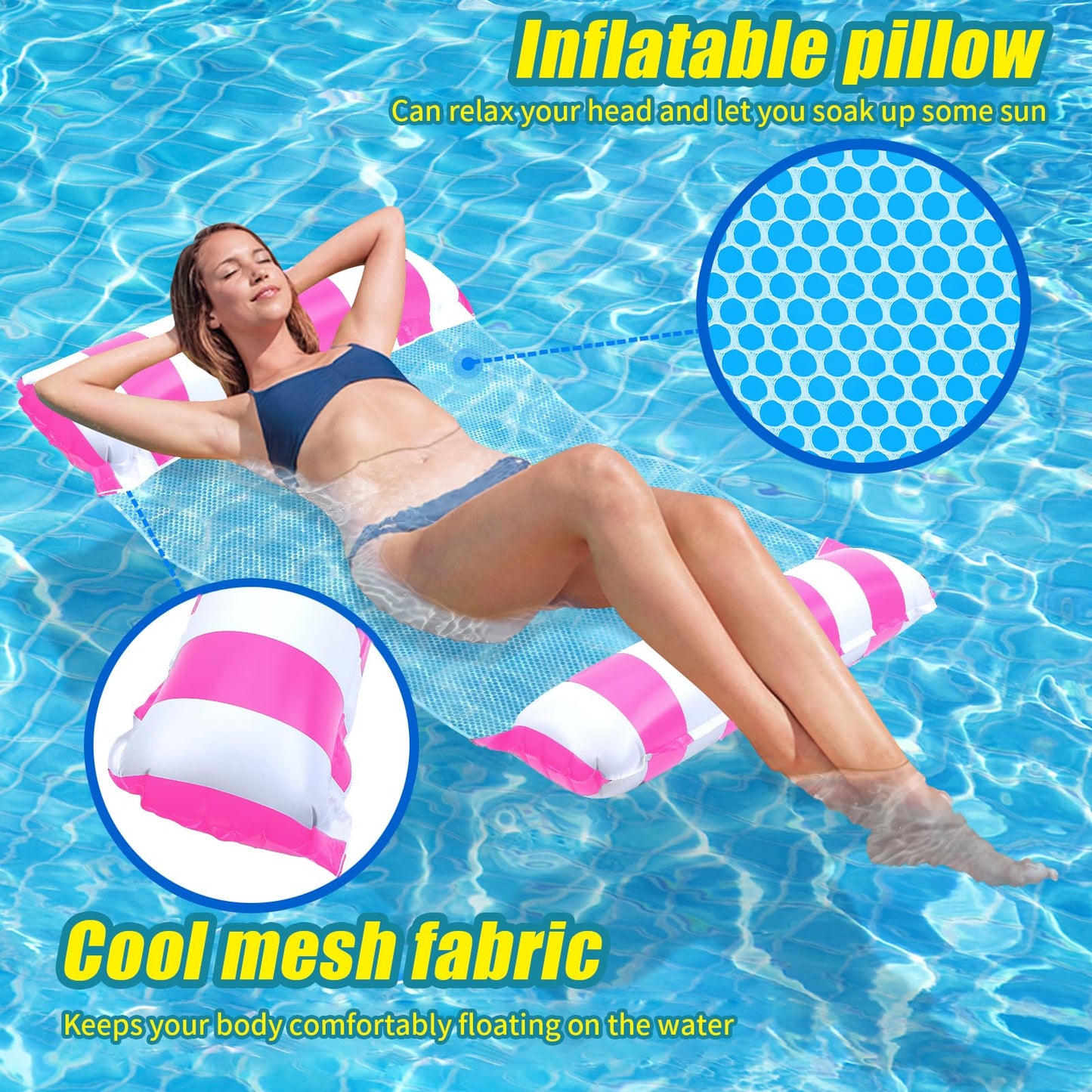 Arbolisse inflatable pool accessories set includes 2 XL water hammocks. This 4-in-1 inflatable water hammock is perfect for adults to enjoy in the pool. Fun water toy for adults!