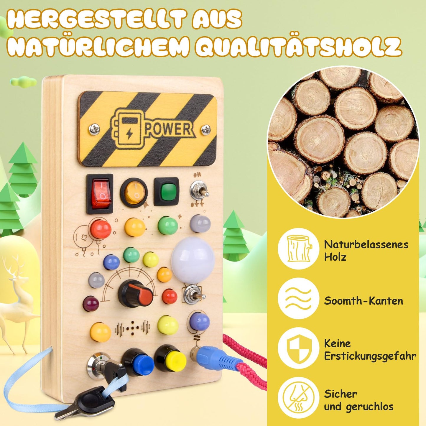 YIKANWEN Montessori Busy Board Toy for 1 2 3 Year olds, wooden toy with music and 10 LED light switch sensory learning toy for babies toddlers boys girls aged 1 2 3 4 years