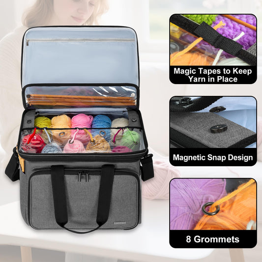Teamoy storage bag for yarn, suitable for carrying knitting/crochet yarn and accessories, with double lids (accessories not included), Gray.