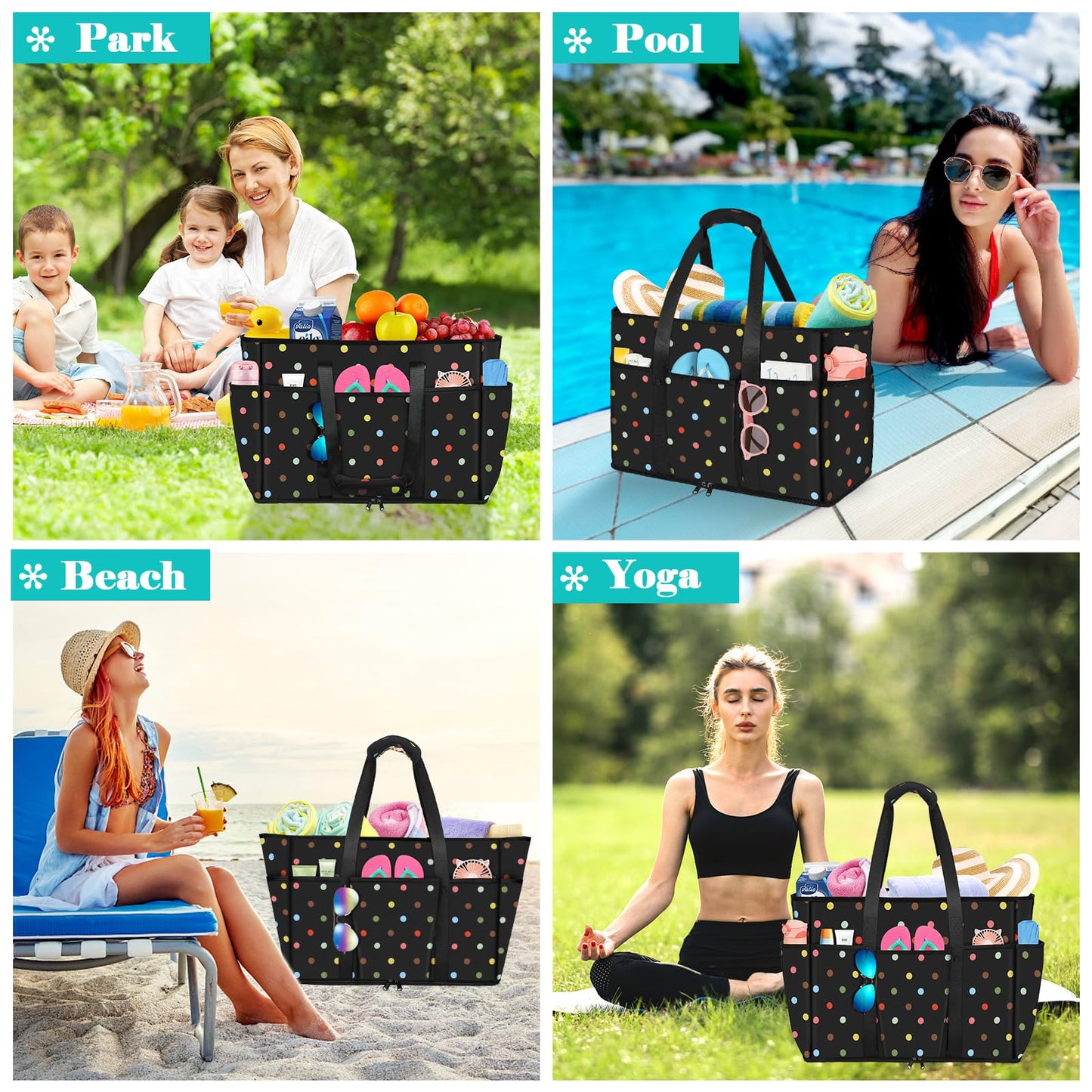 LUROON XXL beach bag with zipper for family, large foldable tote bag for women, ideal for beach, pool, picnic, and travel. Size: 50*35*20cm.