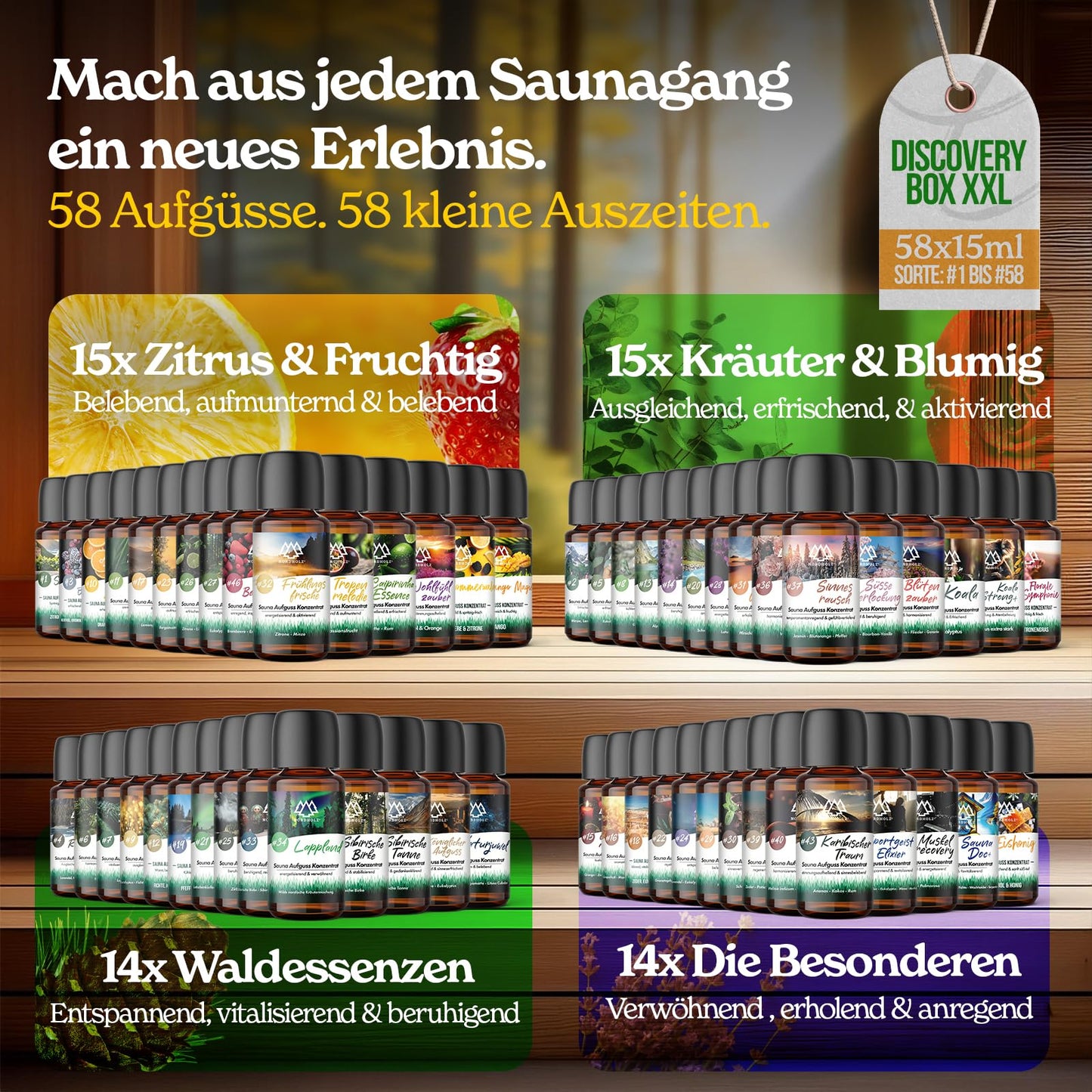 NORDHOLZ® Sauna infusion discovery box 24x15ml [#1-#48 PURE ESSENTIAL OILS] Sauna infusion - sauna infusion from Franconia - sauna accessories