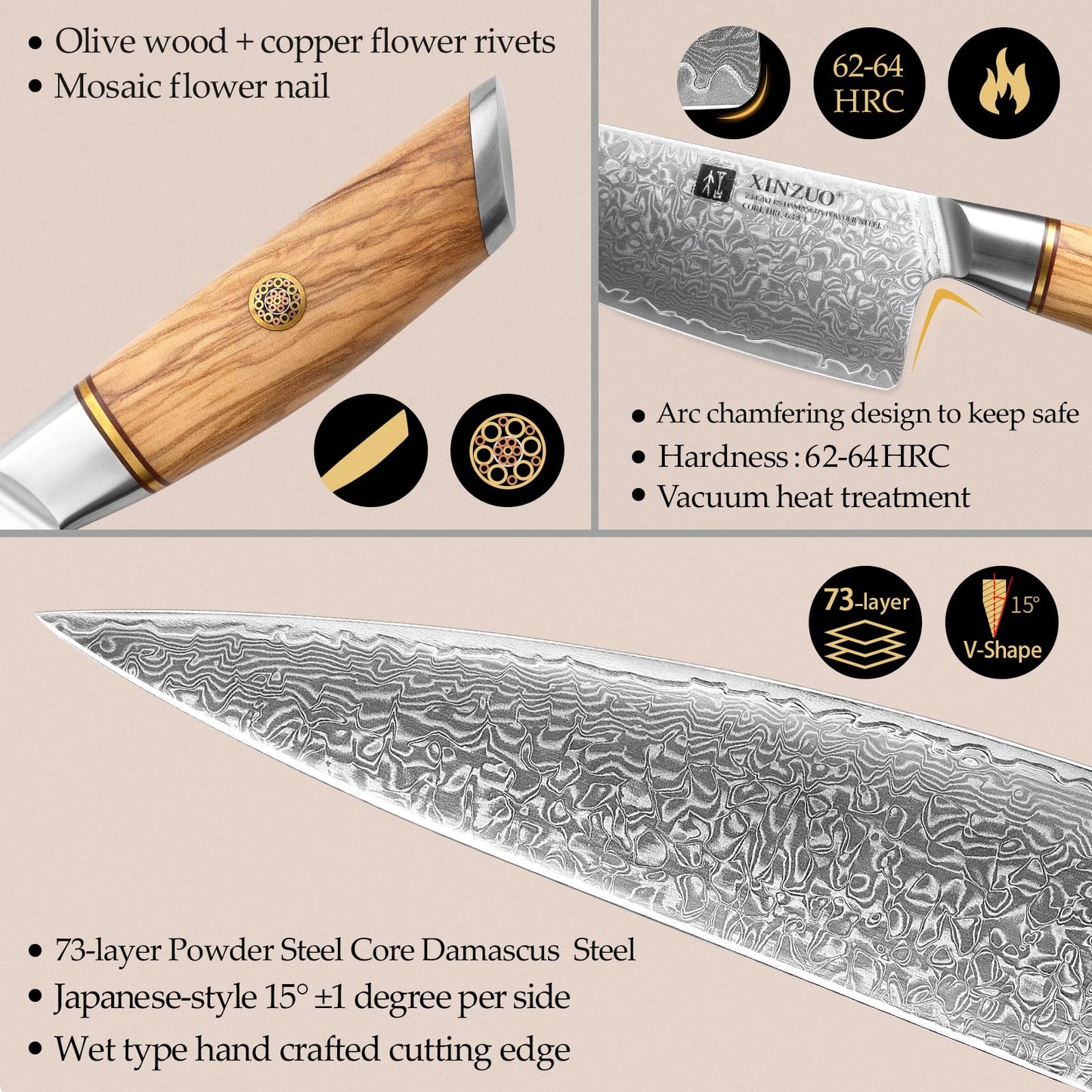 XINZUO 21.2cm chef's knife 73 layers damascus powder steel, professional gyuto knife, hand-forged sharp blade kitchen knife-with ergonomic olive wood handle - Lan Series