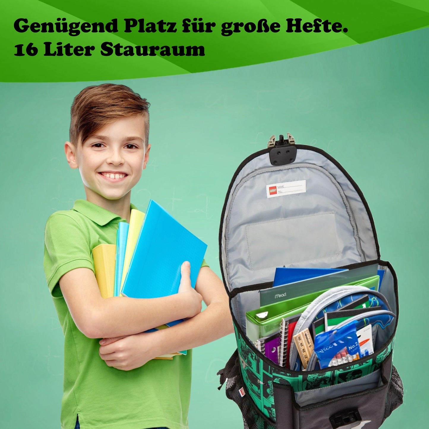 Familando Ninjago school bag set for boys - with sports bag, lunch box, and bottle - ergonomically stable, light at 790g, 16L volume - chest strap, reflectors, rain cover - complete set for 1st grade elementary school.