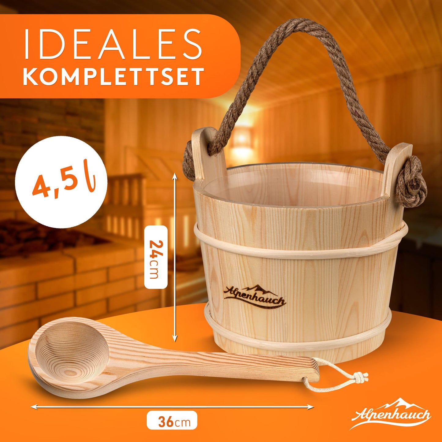ALPENHAUCH sauna bucket with ladle [100% natural wood] - Elegant sauna bucket with ladle - Durable sauna accessory - infusion bucket set