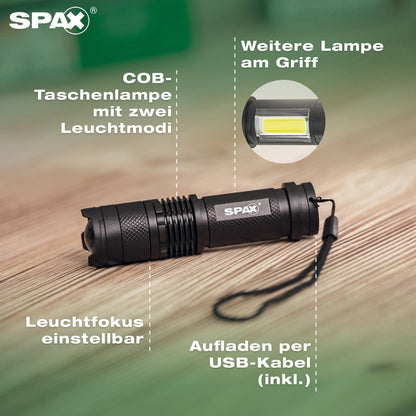 SPAX Camping set - 18 tent screws, 2 bits, 18 washers & flashlight, screw pegs for securing tent, awning, sail, canopy - 8000000294600