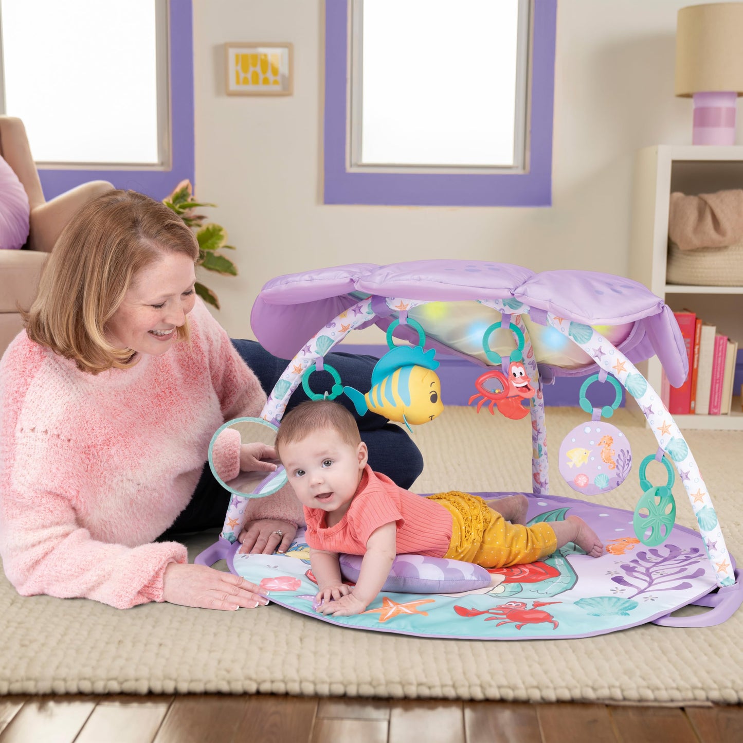Bright Starts, The Little Mermaid Twinkle Trove illuminated music activity gym, 25 minutes of melodies, 6 toys included, for newborns +.
