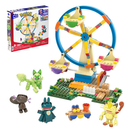 MEGA Pokémon action figure building toy, fun on the Ferris wheel with 393 pieces and movable Litleo, Munchlax, Meowth, and Purrloin, for kids, HXF80.