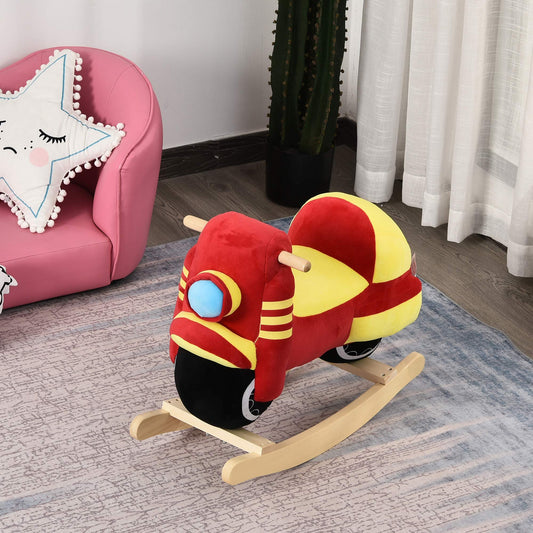 HOMCOM Kids Rocking Horse Baby Rocking Animal Motorcycle with Motorcycle Sound, Rocking Toy Handles for 18-36 Months Plush Red+Yellow 60x25.5x48 cm