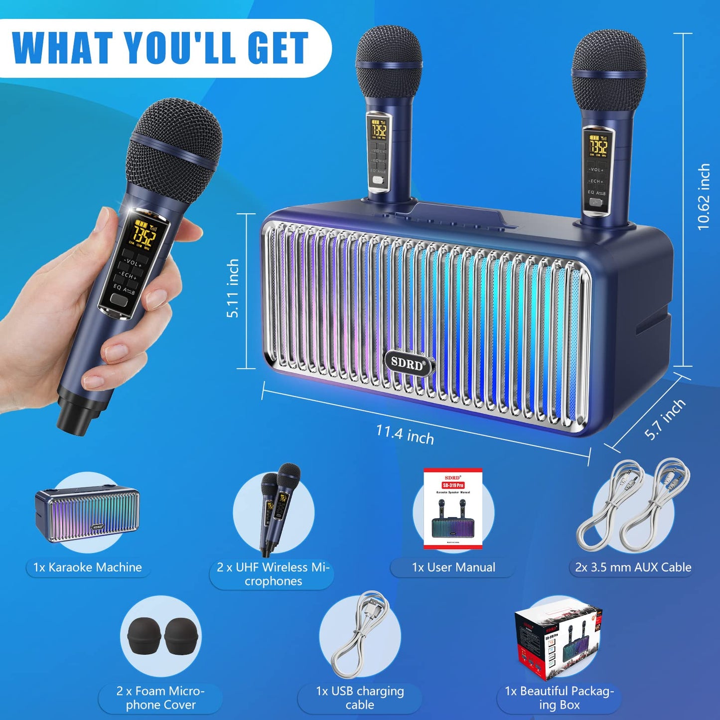 Karaoke machine for adults and kids, portable Bluetooth speakers with 2 UHF wireless microphones. Karaoke speaker PA system with LED lights for outdoor/indoor-Blue.