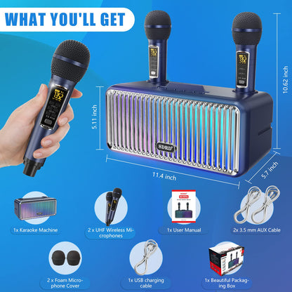 Karaoke machine for adults and kids, portable Bluetooth speakers with 2 UHF wireless microphones. Karaoke speaker PA system with LED lights for outdoor/indoor-Blue.