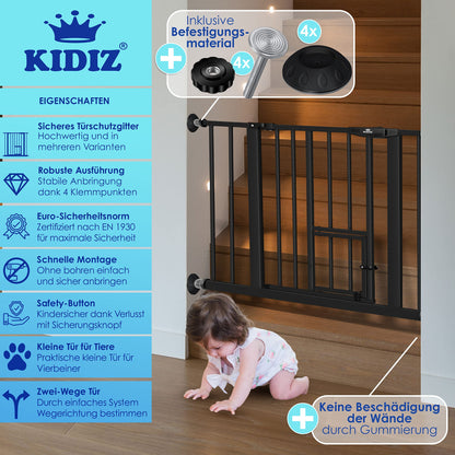 KIDIZ® Door Safety Gate | Stair Gate for Kids | with Pet Door for Dogs and Cats | No Drilling | Expandable | Compatible with Y-Spindles | Swivel Door | Size: 81-94 cm