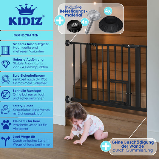 KIDIZ® Door Safety Gate | Stair Gate for Kids | with Pet Door for Dogs and Cats | No Drilling | Expandable | Compatible with Y-Spindles | Swivel Door | Size: 81-94 cm
