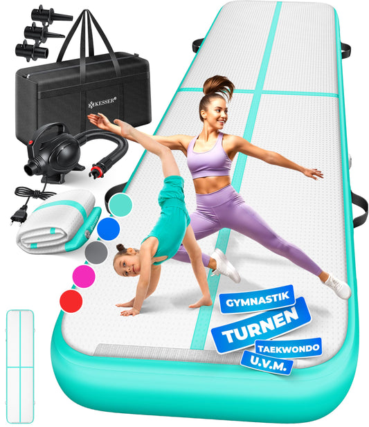 KESSER® Inflatable Airtrack Fitness Mat Gymnastics Mat | incl. carrying bag & electric air pump | Yoga Mat, Tumbling Mats, Training Mat (Mint Green, 400 x 100 x 10 cm)