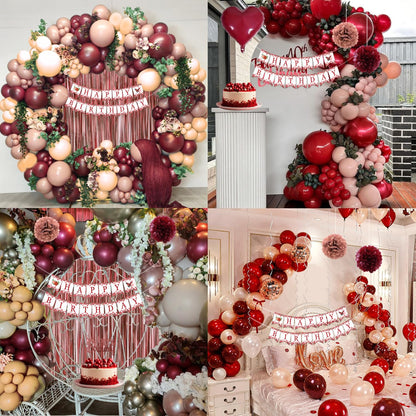 Birthday decoration, burgundy red rosegold party decor set with Happy Birthday banner, confetti balloons, sash and birthday crown, tablecloth, curtain, pom poms for women girls birthday decor.