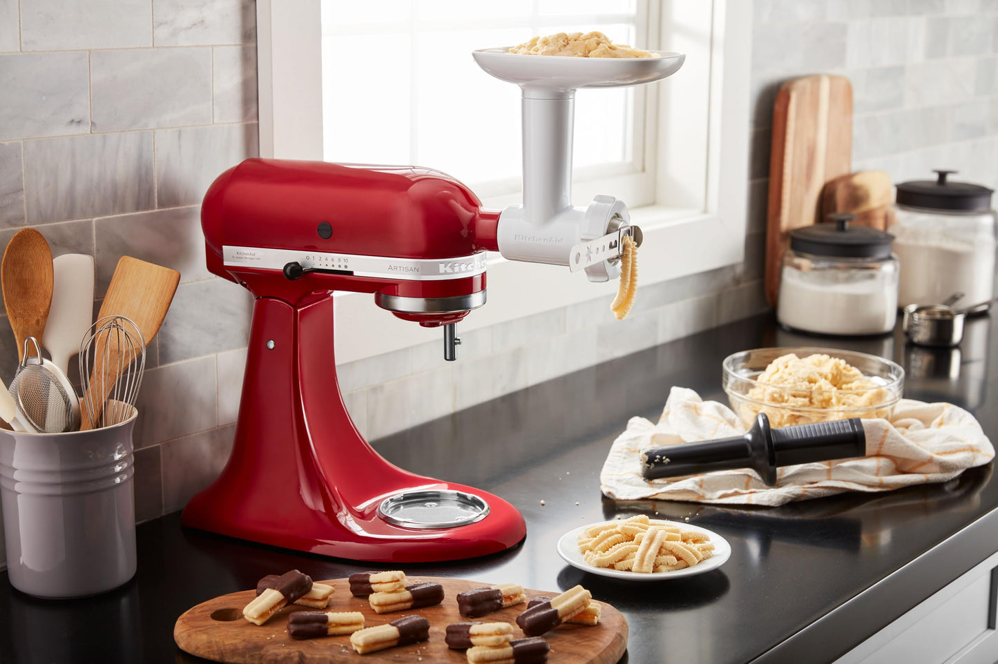 KitchenAid Attachment Meat Grinder - 5KSMFGCA - Chopper for KitchenAid stand mixer - Vegetable grinder - with spritz cookie attachment in 5 shapes.