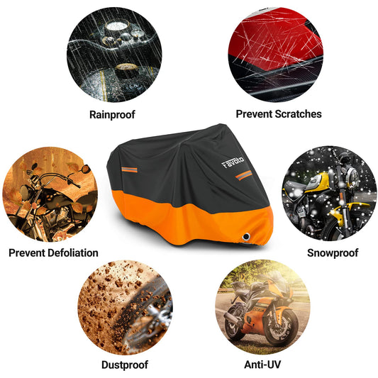 Favoto Upgraded Waterproof Motorcycle Cover Outdoor Motorbike Garage Scooter Cover Windproof Orange-Black XXXL with 2 Buckles.