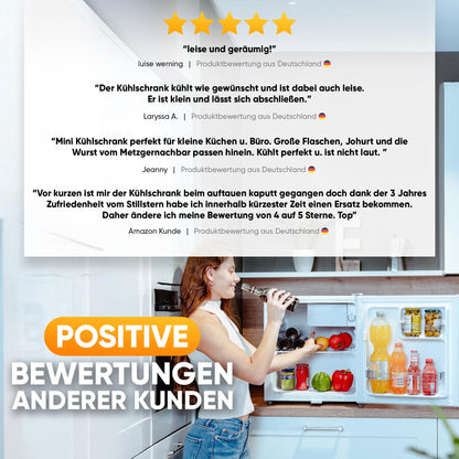Stillstern Mini Fridge 45L with defrost function, lock, freezer compartment, quiet operation, ideal for kitchen, office, bedroom, hotels, and small apartments. Small refrigerator, minibar, beverage cooler in white.