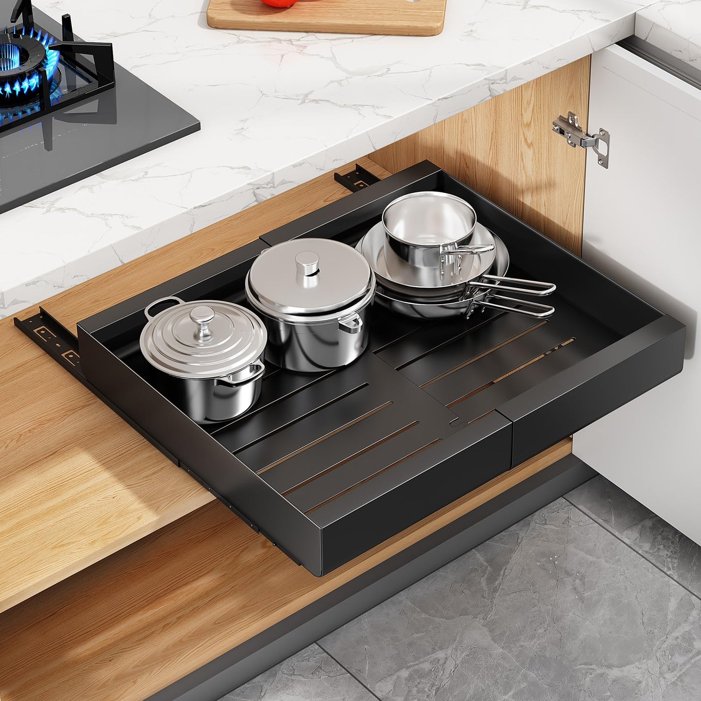 SAYZH Telescopic Drawer, Pull-Out Drawer Kitchen, Kitchen Cabinet Organizer for Kitchen Cabinets, Drawer Organizer, No Tools Required (Black, 30-50 cm W x 53 cm D x 5.8 cm H)