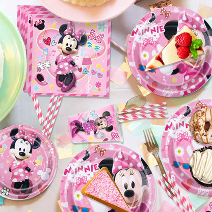 Minnie Mouse paper plates for kids birthday party décor - 100 pieces of pink Minnie birthday party supplies, Mickey birthday decorations for girls, partyware set includes napkins, tablecloth, balloons, banner, and cake decorations.