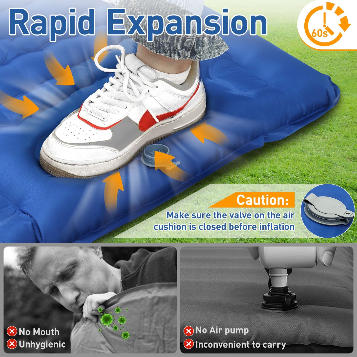 Self-inflating sleeping pad, 12CM Ultralight Inflatable Air Mattress with Camping Pillow, Portable Compact Camping Mat for Camping, Hiking, Backpacking, and Trekking (Navy Blue)