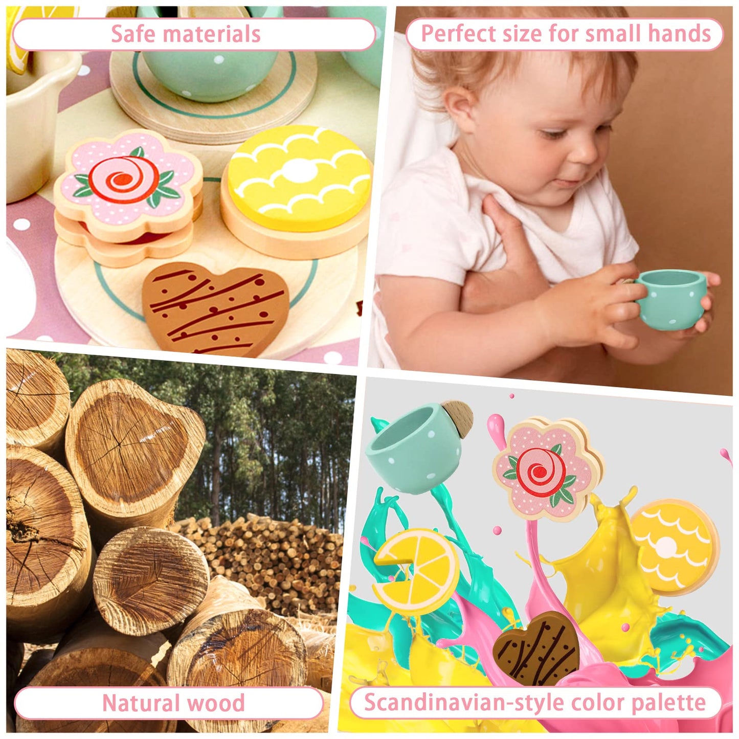 Airlab tea set children's kitchen accessories, wooden toy tea set, tea party play kitchen role play, wooden kitchen games, gift for kids girls boys.