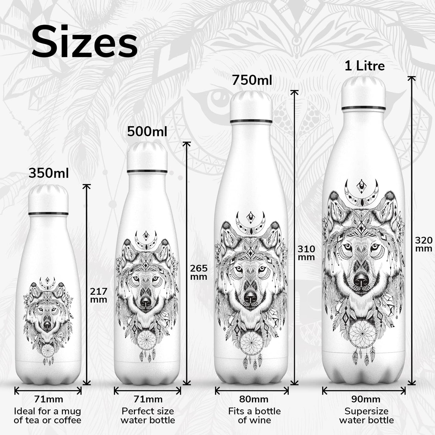 Proworks Stainless Steel Water Bottle | 24 Hrs Cold & 12 Hrs Hot - Vacuum Insulated Bottle for Sports, Running, Biking, Yoga, and Camping - 500ml - All White - Wolf Aztecs