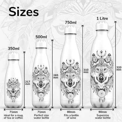 Proworks Stainless Steel Water Bottle | 24 Hrs Cold & 12 Hrs Hot - Vacuum Insulated Bottle for Sports, Running, Biking, Yoga, and Camping - 500ml - All White - Wolf Aztecs