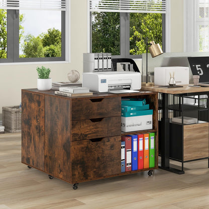 COSTWAY rolling cabinet with 3 drawers, file cabinet with wheels and open compartments, printer stand, office cabinet for documents in DIN A4, letter format, legal format (Rustic Brown)