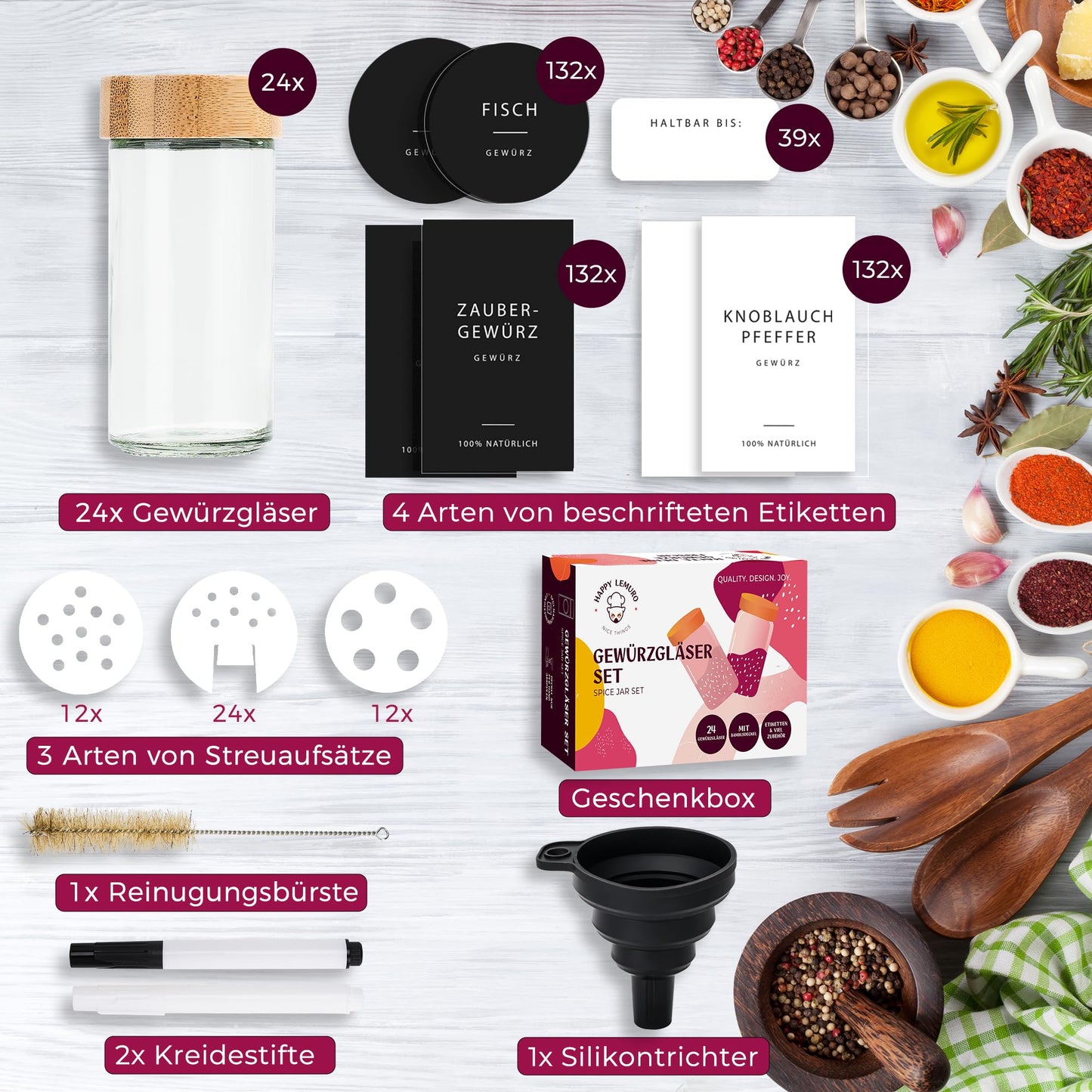 Happy Lemuro Spice Jars Round [24 x 100 ml] 435 Labels in German | Spice Containers with Wooden Lids & Accessories - Airtight - Set of 24 Spice Jars, Spice Storage Jars.