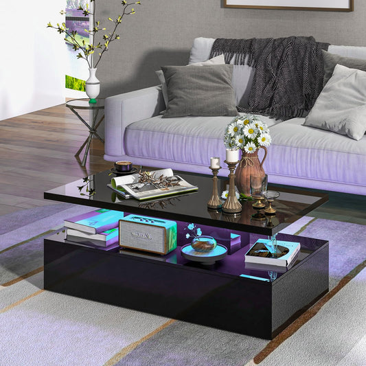 COSTWAY LED coffee table high gloss, living room table with adjustable light colors & brightness, remote control, 2-tier coffee table, rectangular sofa table for living room, black, 110 x 60 x 40 cm.