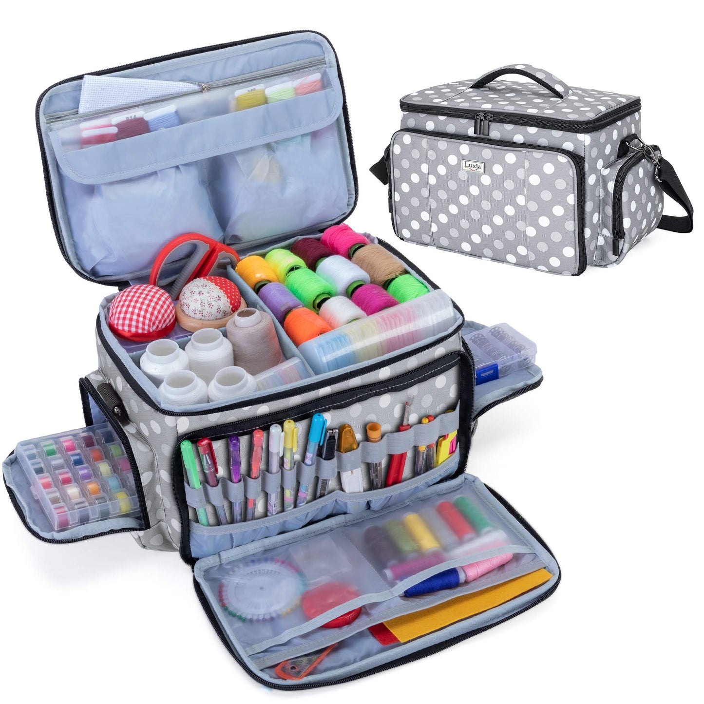 Luxja Sewing Kit Storage, Sewing Accessories Bag Organizer for Beginners, Travelers, Carrying case for sewing machine accessories and sewing tools, Gray Dot