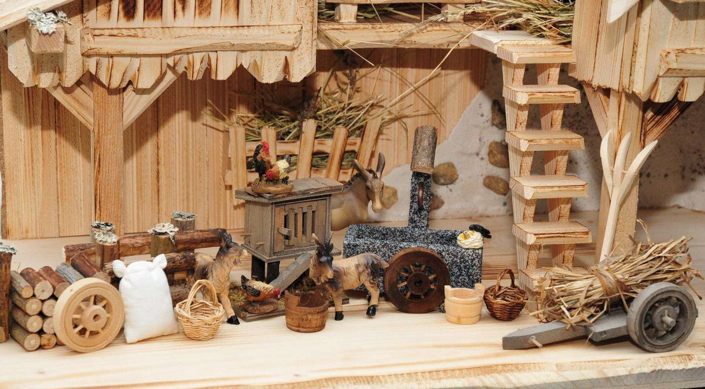 PREMIUM Christmas nativity scene, olive tree, FLAMED with GRANITE FOUNTAIN "Water Grand" + PREMIUM DECORATION SET "Nativity Stable", solid wood elegantly FLAMED - with 12 x PREMIUM Nativity figures + Angel with golden wings.