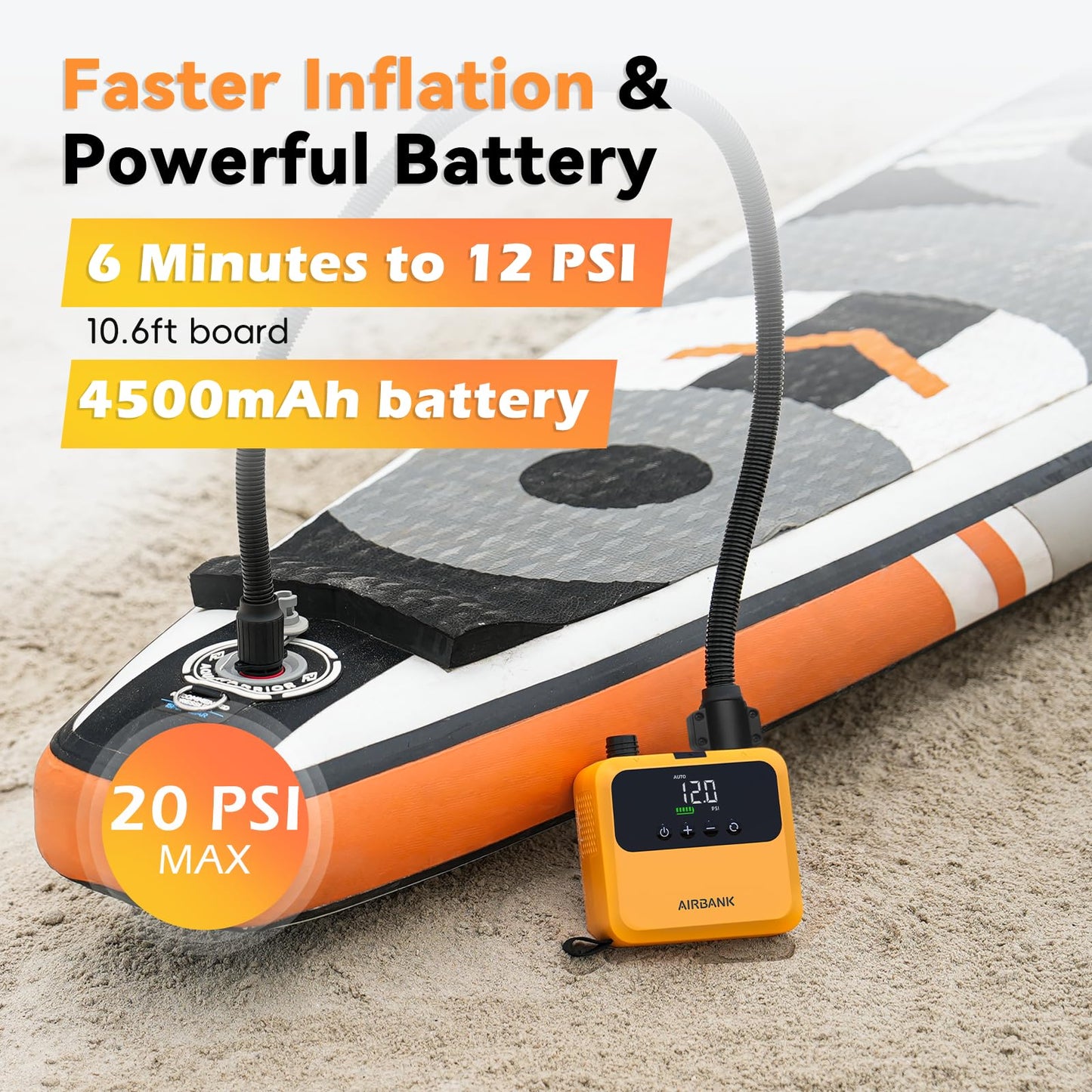 AIRBANK Mini SUP Electric Air Pump PULSE Pro, ultra-small rechargeable electric portable SUP pump, MAX 20 PSI, pump with brushless motor for kayaks, rafts, tents, kite wings