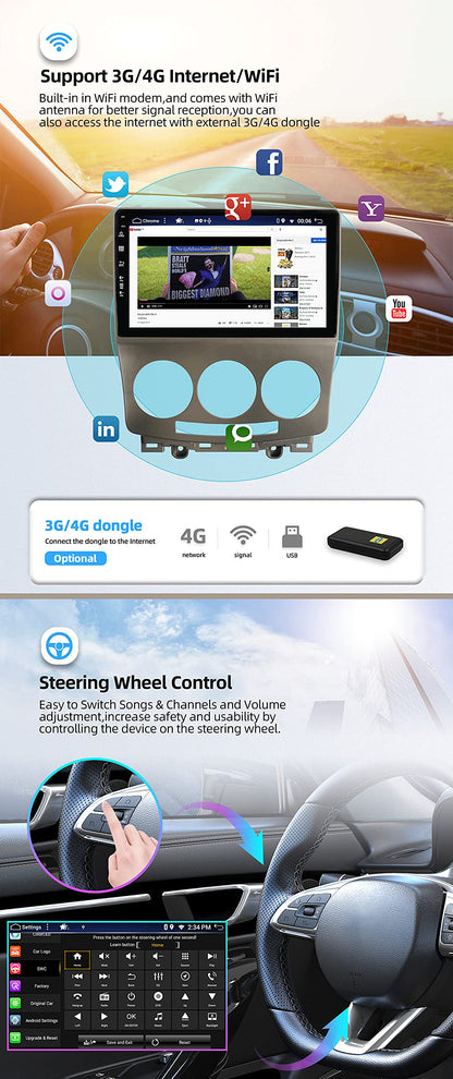 JOYX Android 14 Car Stereo Fits Mazda 5 (2005-2010) - [4G+64G] - Built-in DSP/Carplay/Android Auto - Free LED Rearview Camera - 2.5D 9 Inch - With Steering Wheel Control 4G WiFi Bluetooth 5.0 DAB